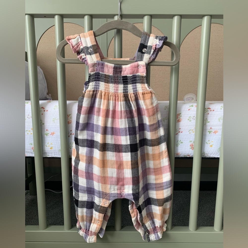 Angel Dear Plaid Ruffle Overalls - Pink, Purple, Black